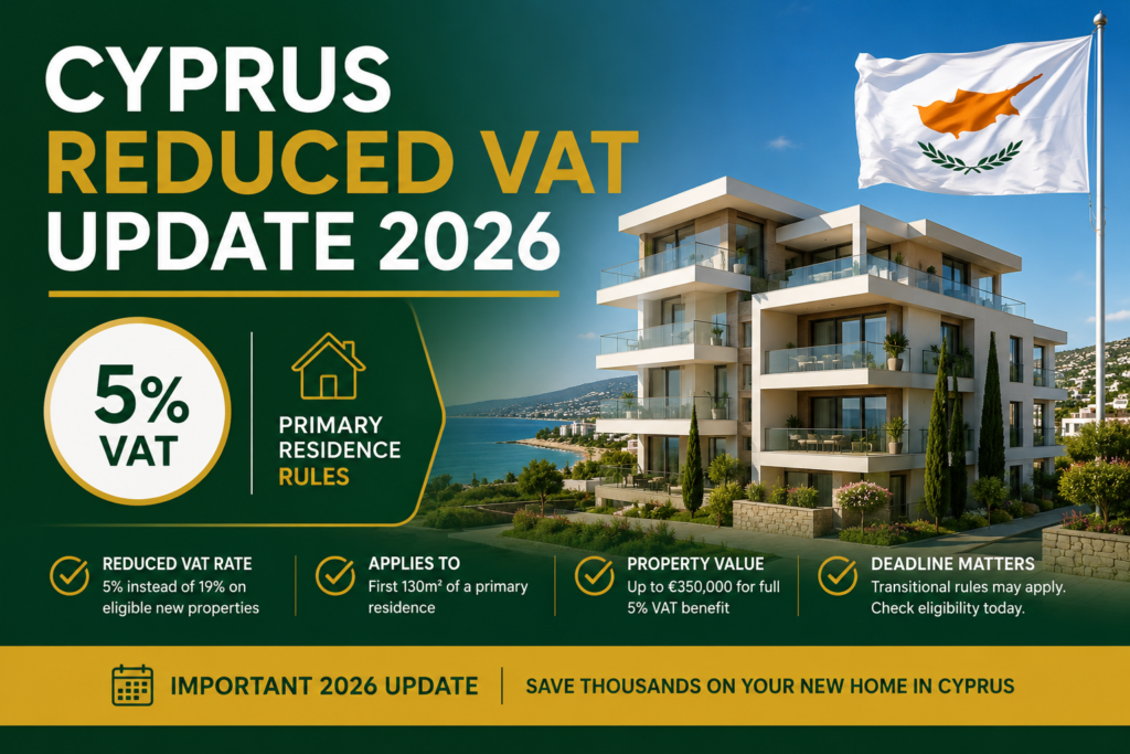 Cyprus reduced VAT update 2026 showing new 5 percent VAT rules for primary residence property buyers